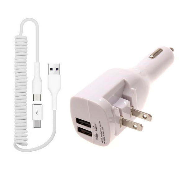 Coiled USB Cable 2-in-1 Car Home Charger for Samsung Galaxy Z Flip5/Flip4/Flip 3 5G - Micro-USB to USB-C Adapter Charger Cord Power Wire Folding Prongs White for Galaxy Z Flip5/Flip4/Flip 3 5G