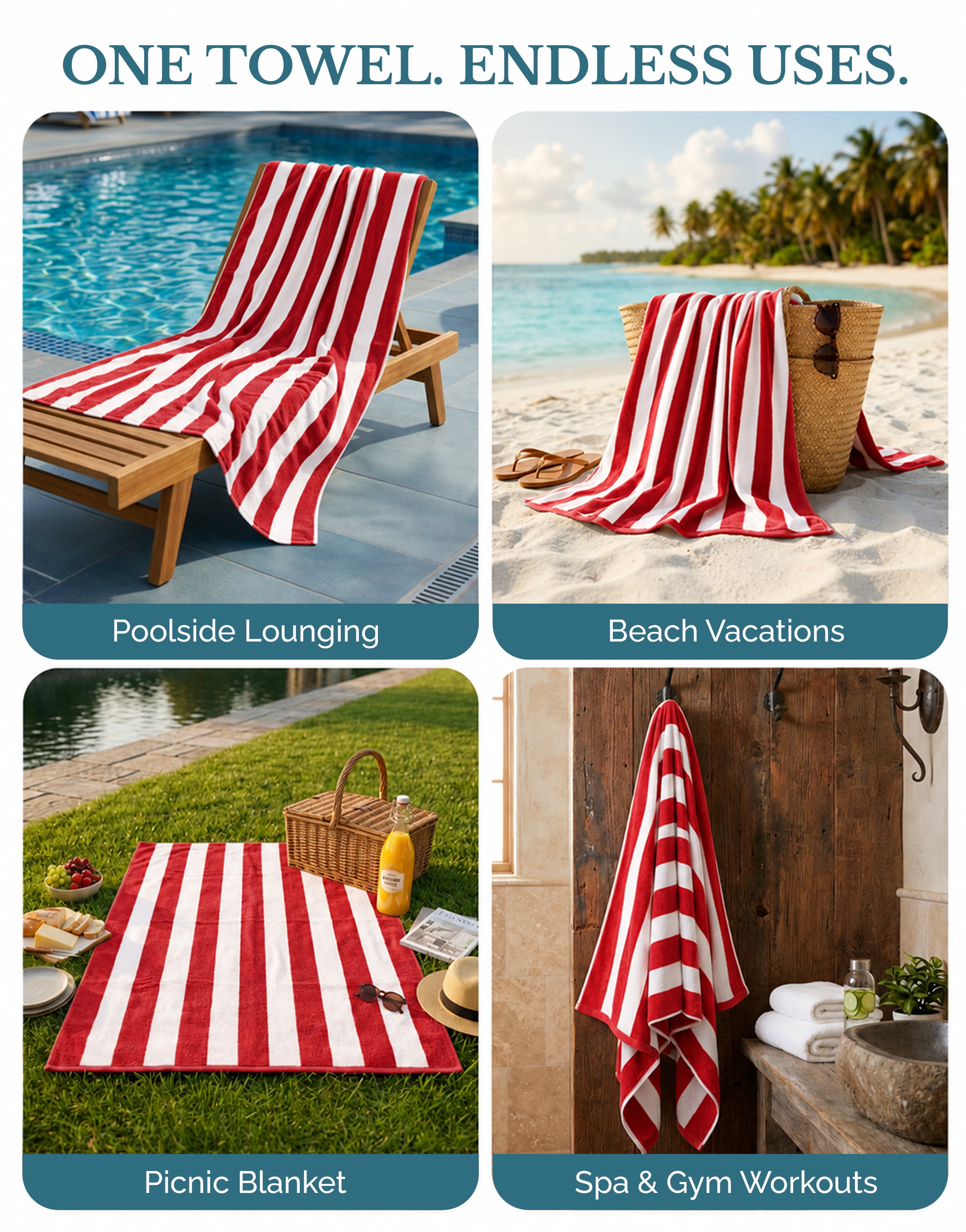 Casa Platino 100% Cotton Beach Towel - 2 Pack Cabana Stripe Large Beach Towel, Soft & Quick Dry Pool Towels, Beach Essentials For Women, Quick Dry Towel - Red