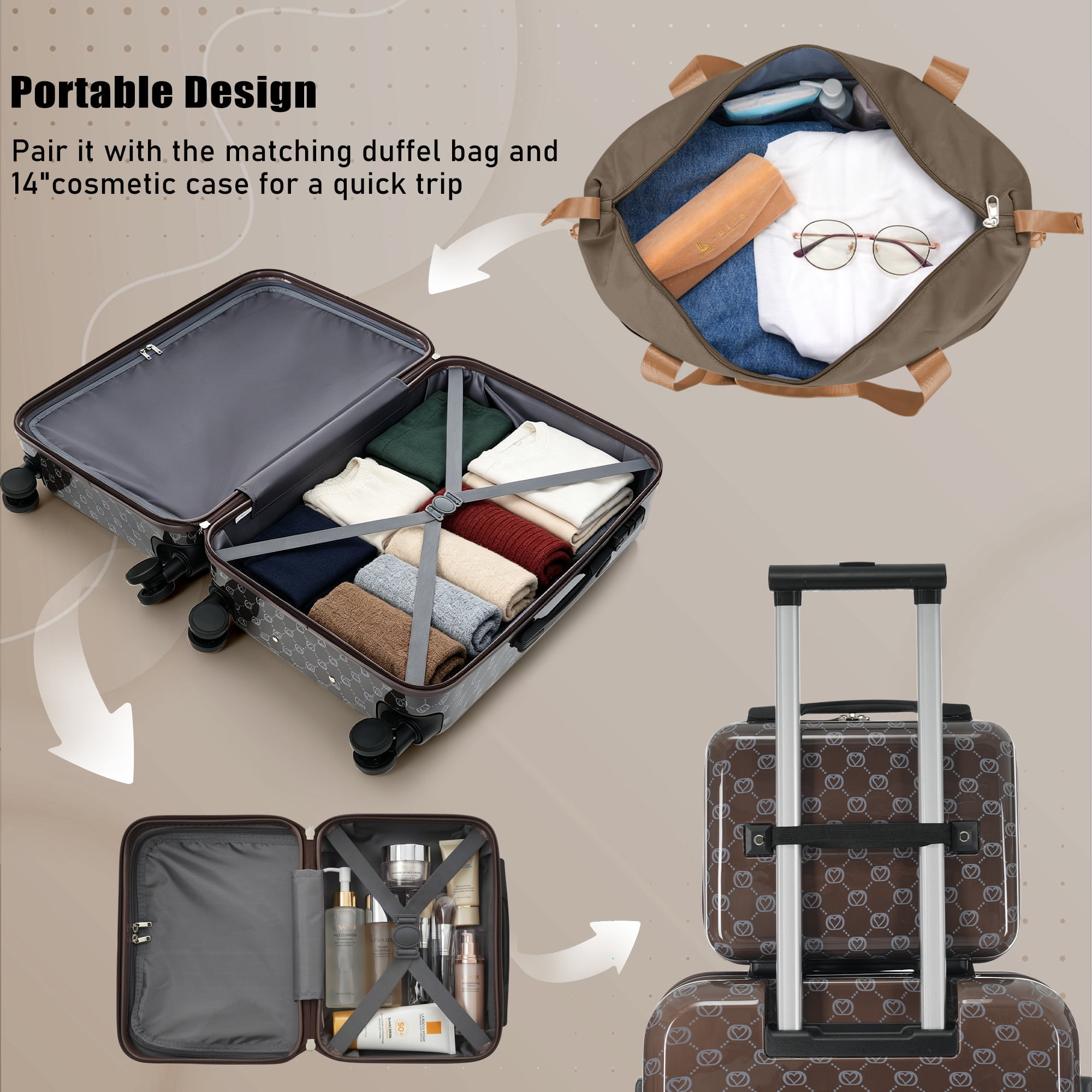 Euroco 6 Piece Luggage Set,ABS Hardshell Carry on Suitcase with TSA Lock,Spinner Wheels & Expandable Travel Duffel Bag,Lightweight Durable Luggage for Men Women,14/16/20/24/28 Inch,Brown