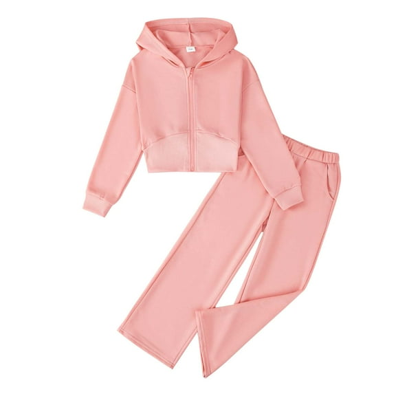 Kucnuzki 7 Years Big Girls Outfit Set 8 Years Kid Girl Clothes Long Sleeves Solid Color Zipper Hoodie Crop Top Wide Leg Pants Sets 2pcs Warm Clothing Pink