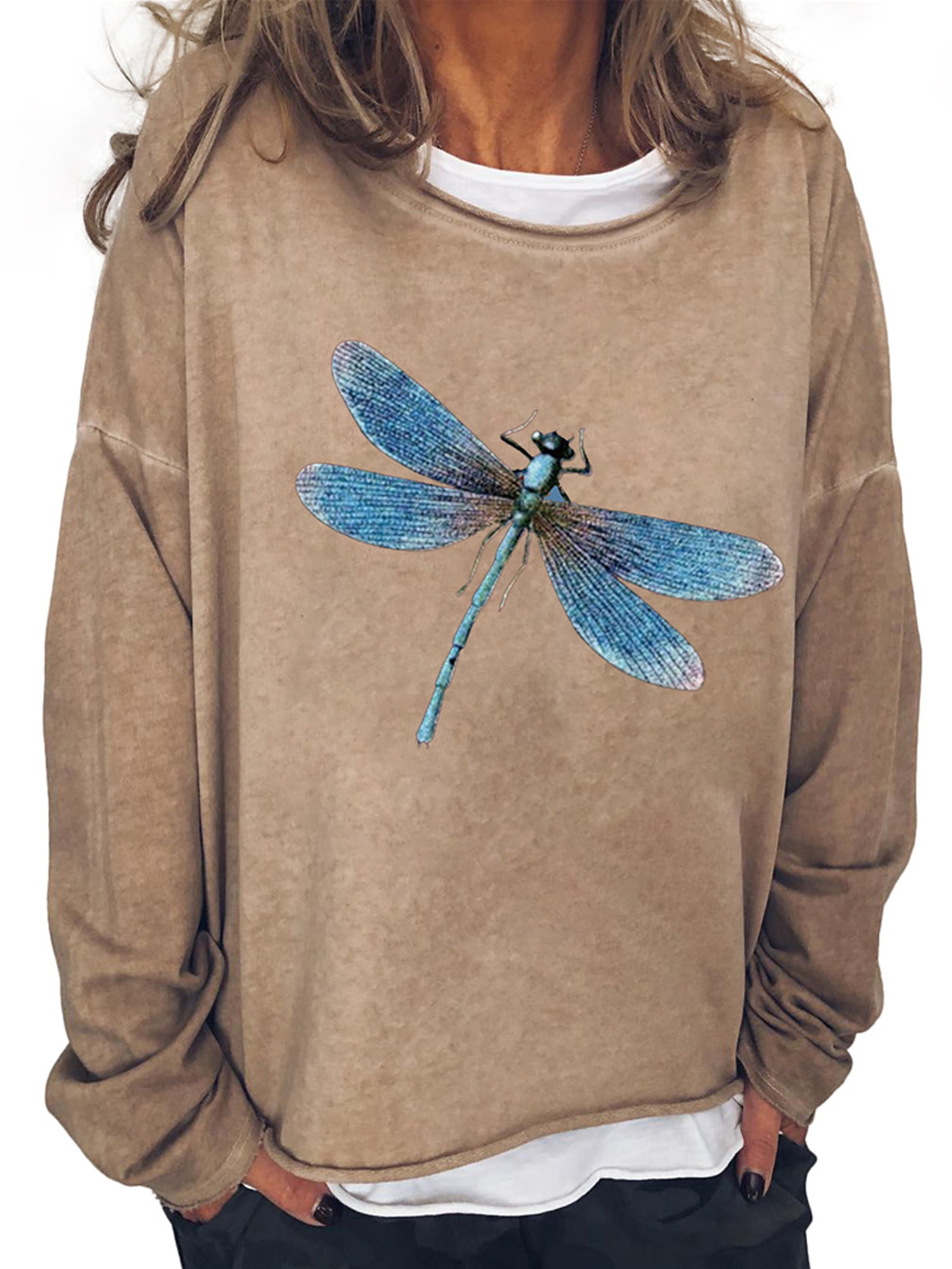 Womens Dragonfly Gradient Print Contrast Color Crewneck Long Sleeve Pullover Tops T Shirts Blouse Sweatshirts for Women 