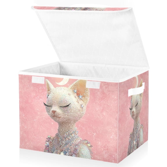Foldable Fabric Storage Bin With Handle Collapsible Basket Box Storage With Lid Organizer Cat in Crystals & Sequins
