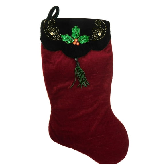 Embellished Red & Green Velvet Beadded Hollyy Christmas Holiday Stocking