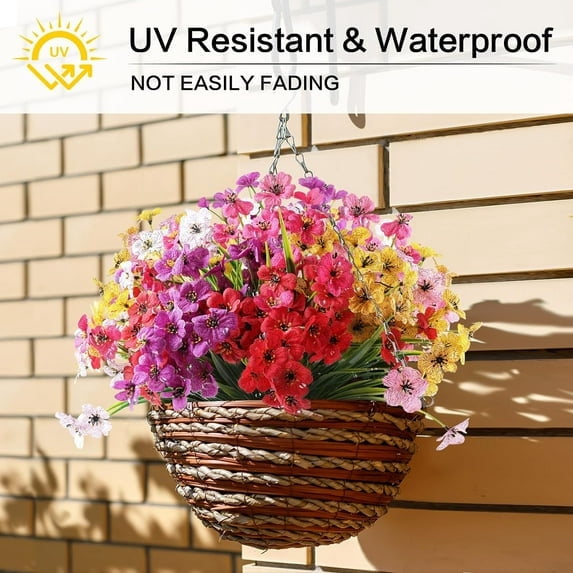 24 Bundles Artificial Flowers for Outdoors, Fake Silk Violet Flowers Faux Plants UV Resistant for Hanging Planters Window Box Front Porch Indoor Outside Decorations (6 Colors Assorted)