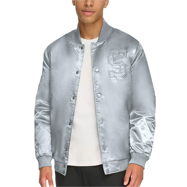 STARTER Mens Classic Fit Tonal Satin Bomber Jacket, Grey, Small