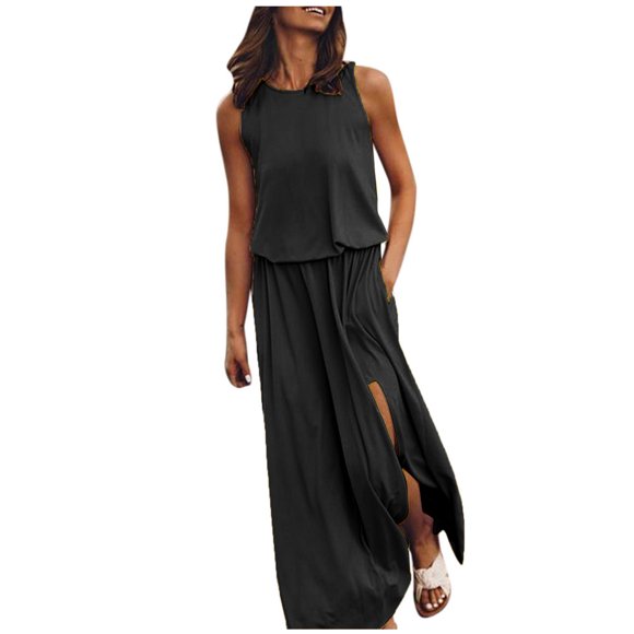 HKEJIAOI Summer Dresses for Women Sleeveless Hide Belly Maxi Dress Solid Round Neck Tank Dress Elastic Waist Sundress, Black L