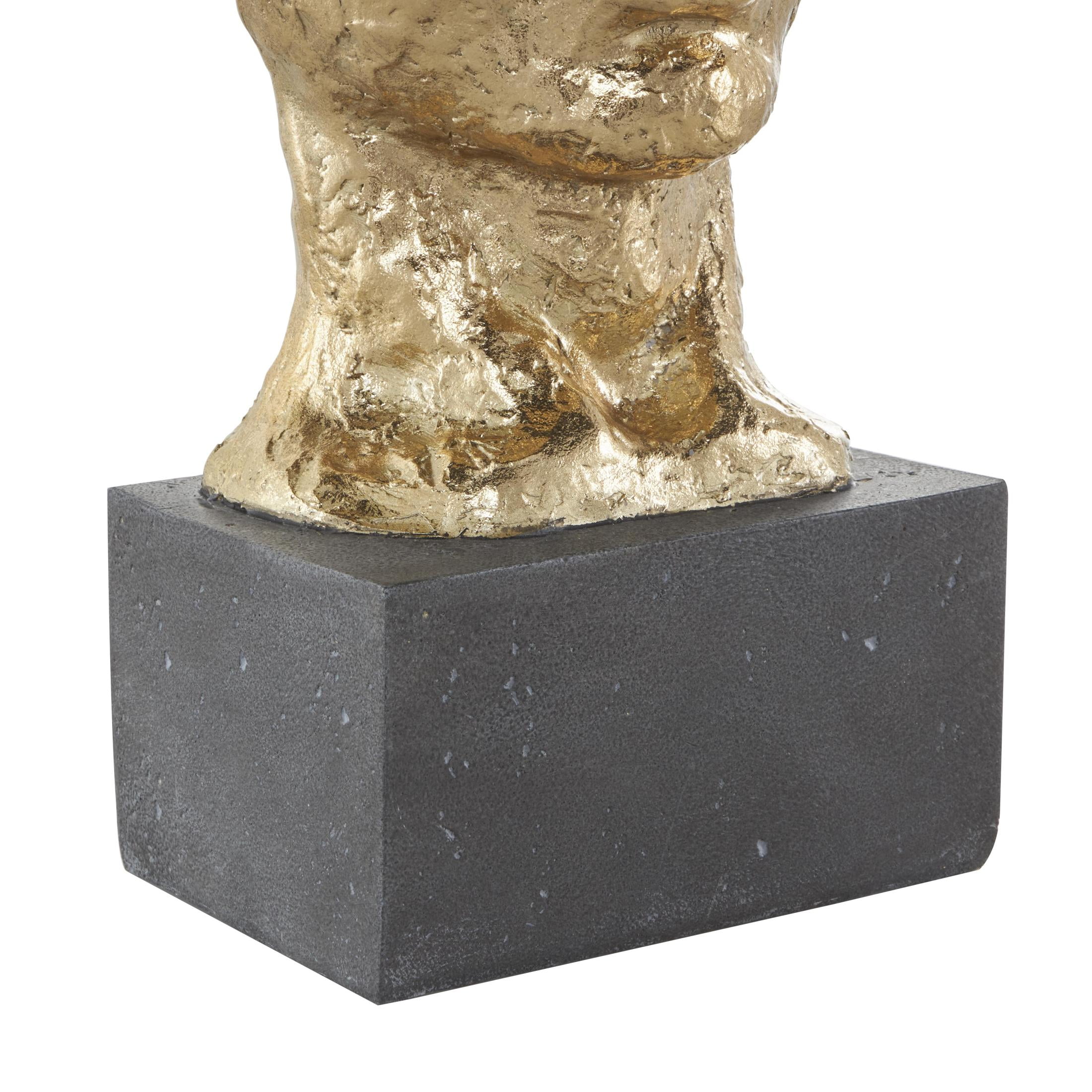8" x 21" Gold Polystone Stacked Face Cutout Mask Sculpture with Black Block Base, by DecMode