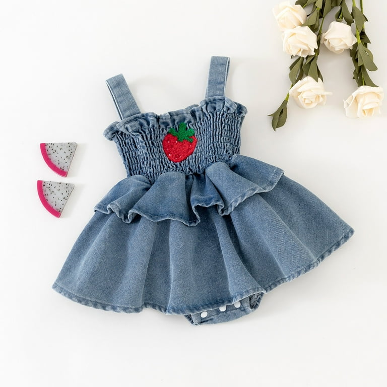 JAKANYQ Baby Girls Strawberry Print Denim Dress Sleeveless Summer Casual  Outfits For Blue 12-18 Months - Walmart.com