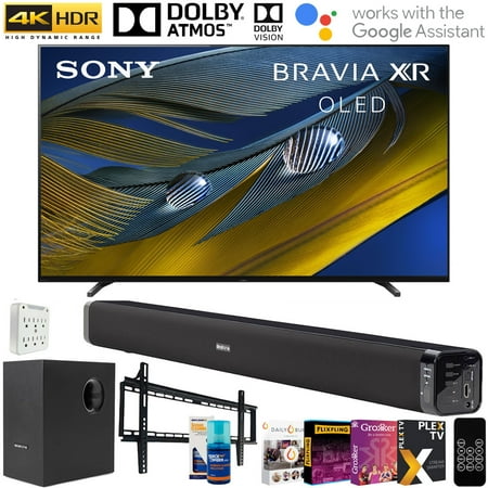 Sony A80J 55 Inch 4K OLED 2021 Smart TV with Deco Gear Soundbar and Subwoofer Bundle