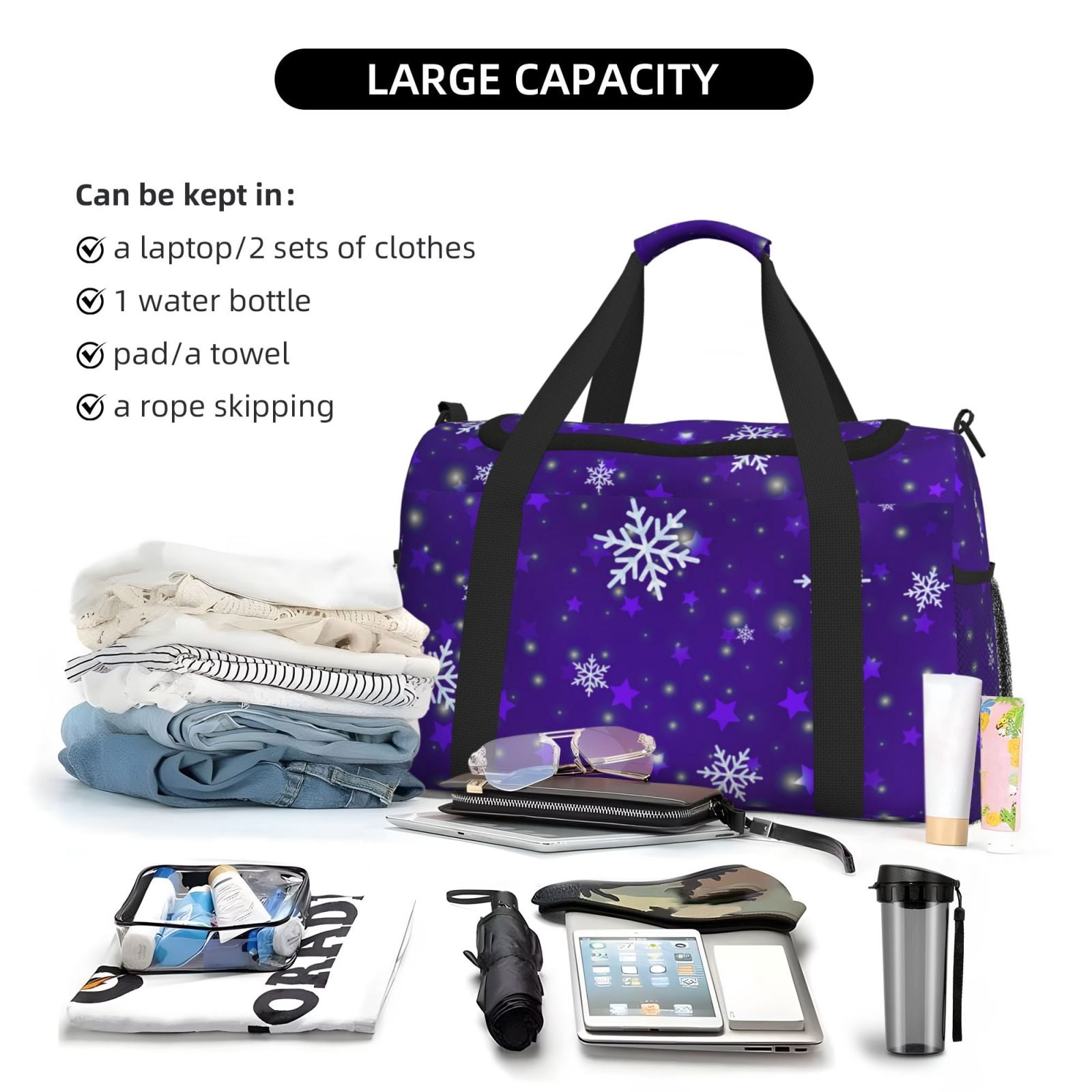 Fuzoiu Dark Purple Snowflakes Print Travel Duffle Bag,Carry On Tote Bags,Duffel Bag,Sport Gym Bag, Hospital Bag for Labor and Delivery, Overnight Bag,Luggage Bag
