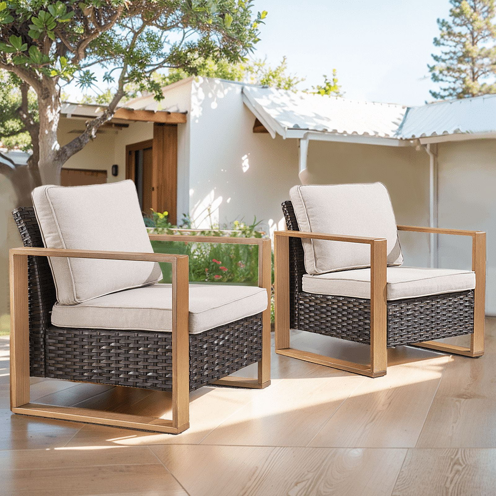PARKWELL 2 Pack Brown Rattan Indoor-Outdoor Armchair w/Armrests,Padded Cushions Chairs for Patio, Deck, Garden, Yard - Beige