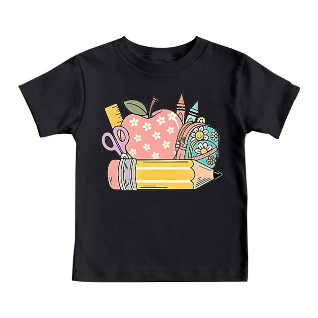 Petits Garçons de la Rentrée Hauts Graphiques Enfants T-Shirt à Manches Courtes Doux Chemise Décontractée Vêtements Tendance Noir Taille 7-8T
