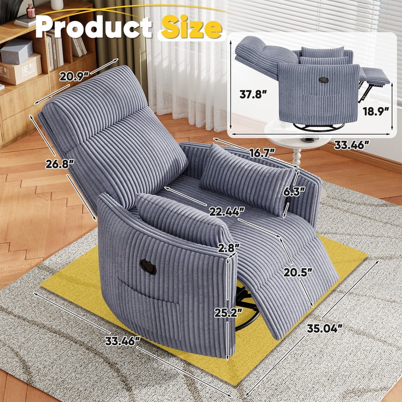 Homall 360° Power Swivel Recliner High Back Adult Rocker Recliner Chair with 2 Pillows for Nursing Expectant Mothers,Corduroy Gray