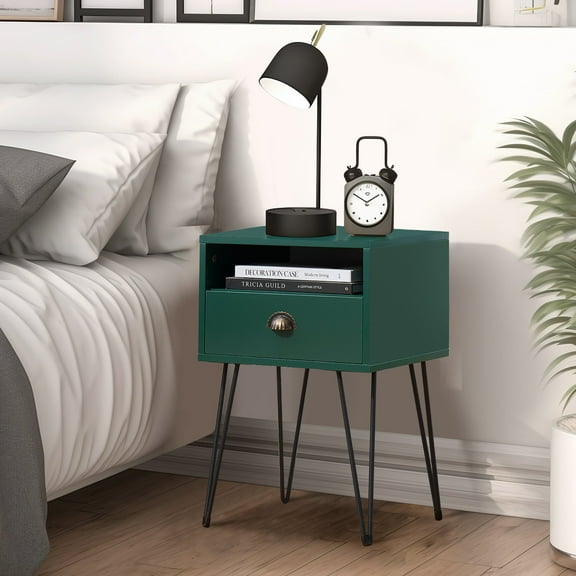 VECELO Nightstand with 1-Drawer and Metal Legs, Sofa End Table for Living Room Bedroom Office, Green