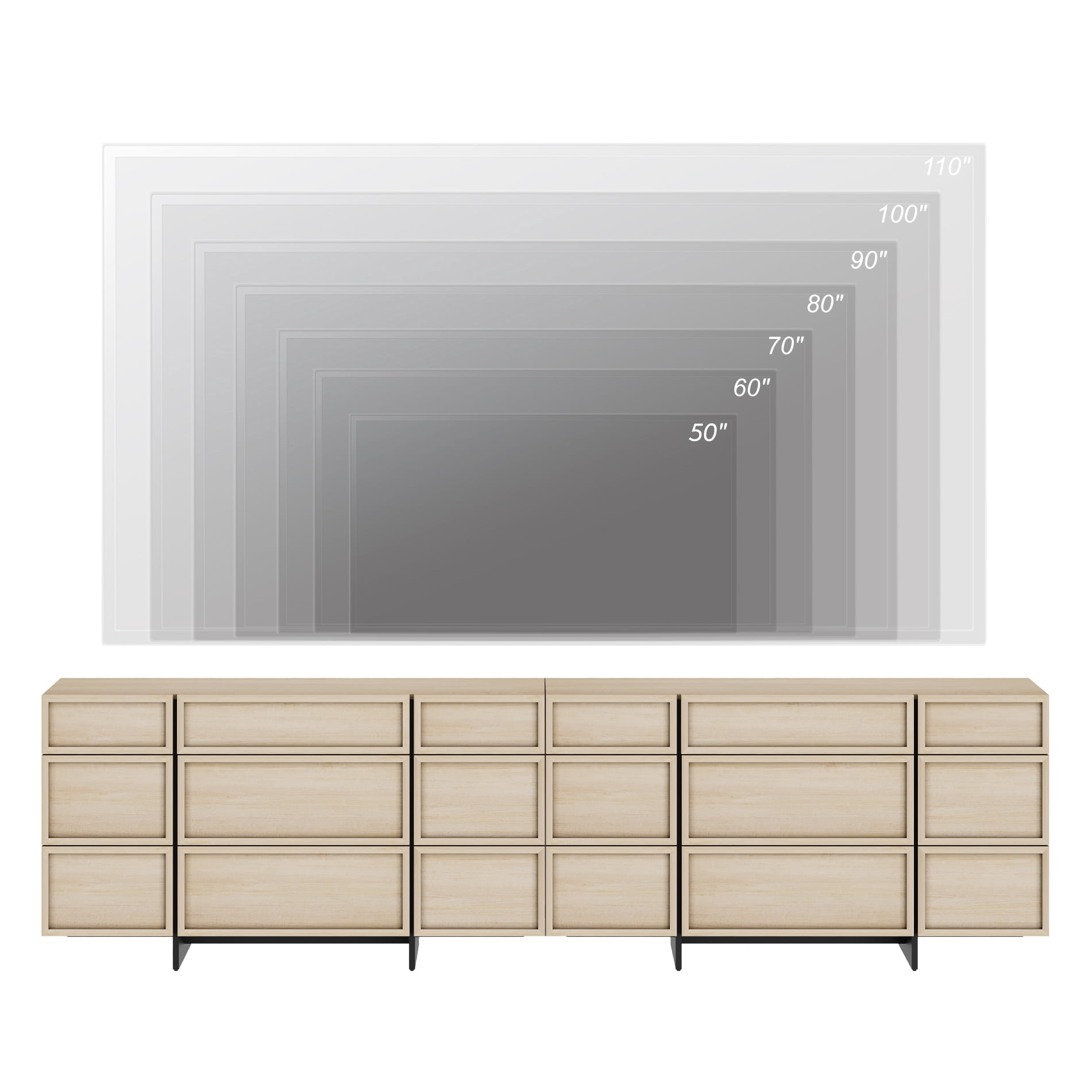 Modern TV Stand with 18 Drawers and T-Shaped Wood Legs, Picture Frame Style Entertainment Center Media Console with Smooth Metal Slides, Fits TVs up to 110 Inch for Living Room Bedroom,Beige