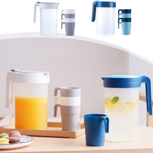 Juego de botellas de agua de gran capacidad con 4 tazas - Jarra de plástico de 1700 ml para el hogar y el exterior - Juego de 5 piezas azul o gris JASKFLY