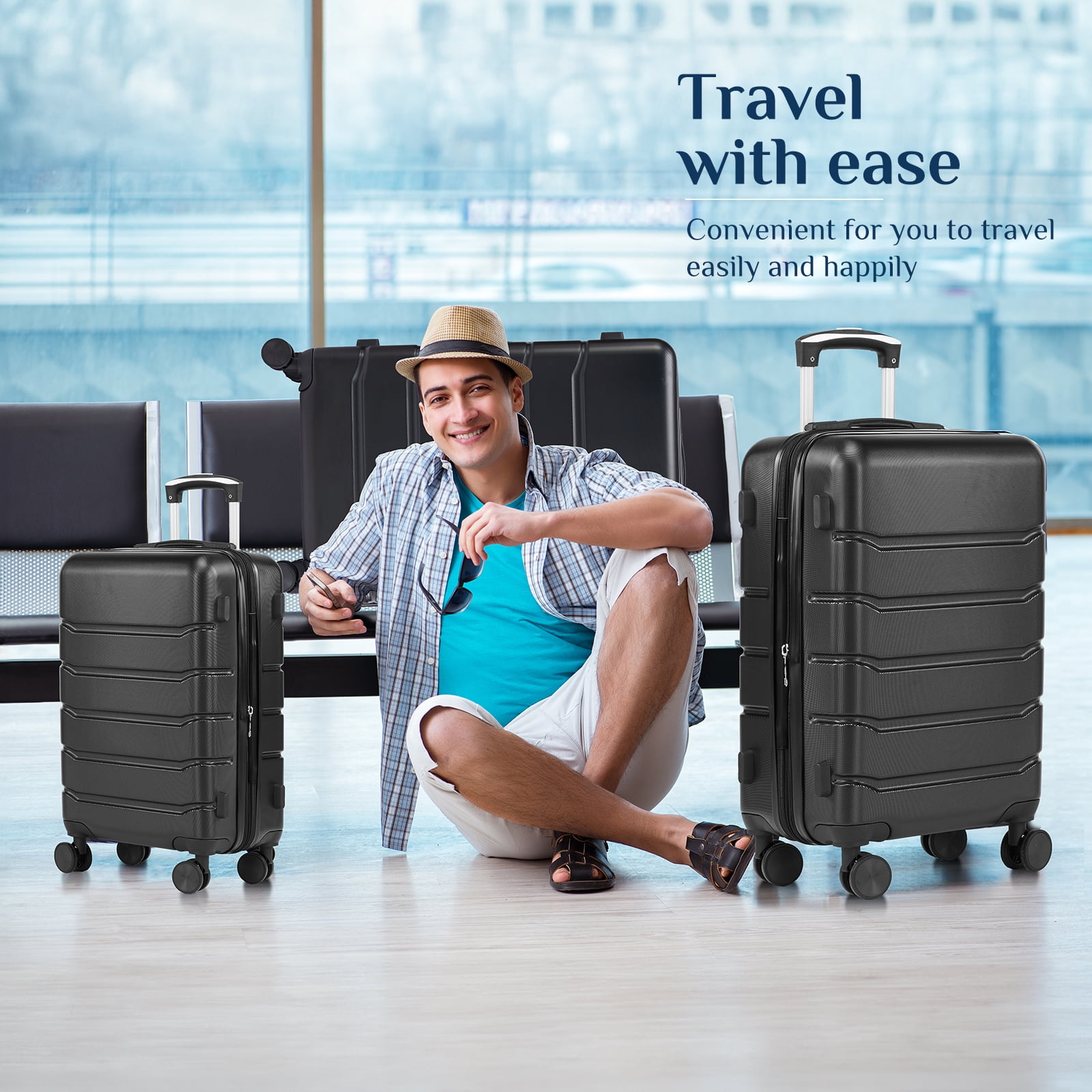 Sweetcrispy 3-Piece Luggage Sets, Hard Shell ABS Suitcases with Double Spinner Wheels, Lightweight Expandable Rolling Travel Suit Case with TSA Lock, Black