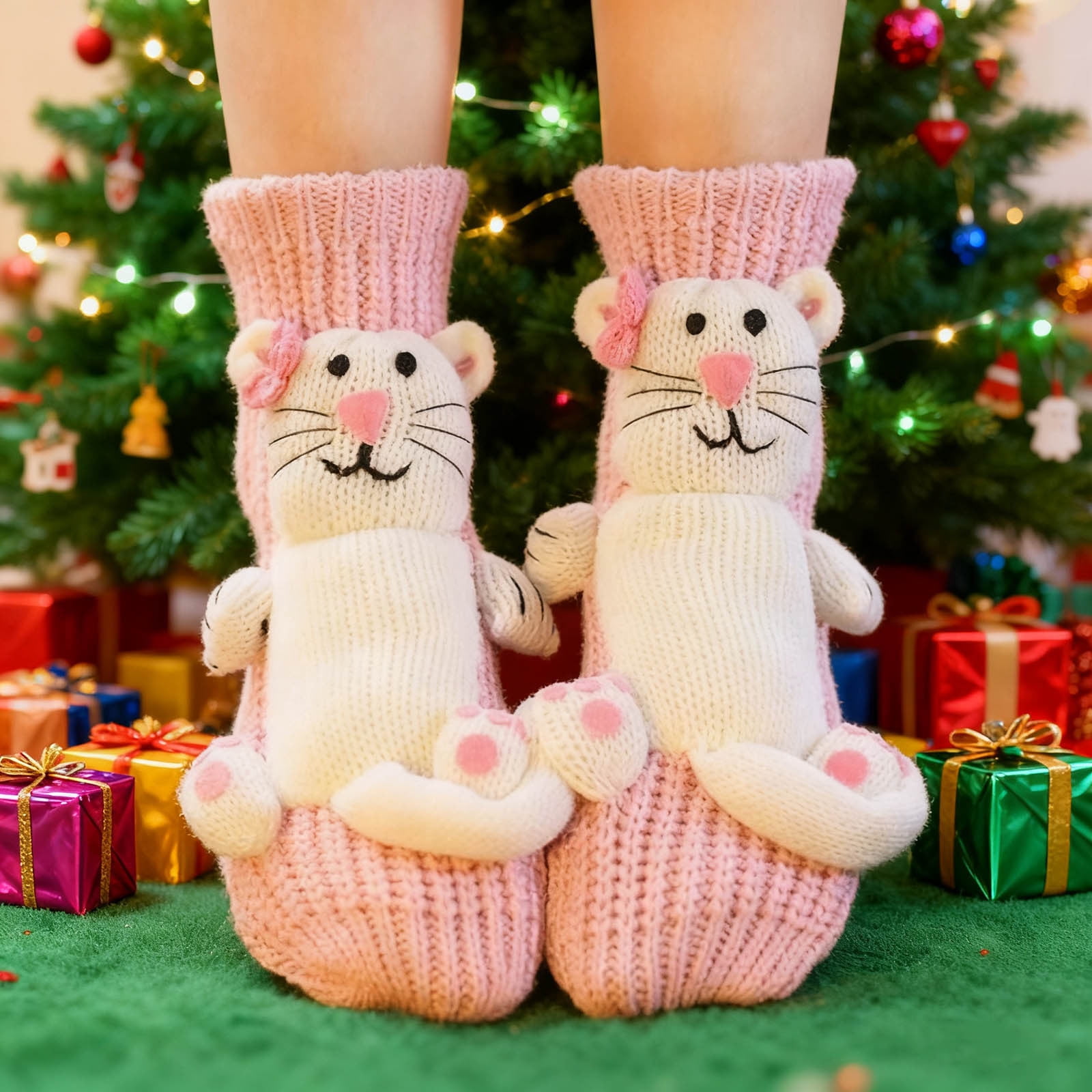 3D Knit Animal Socks for Women, Funny Hug Striking Animal Socks for Kids,Hand Crocheted Soft Breathable Cotton (Cat, 2 Pair)