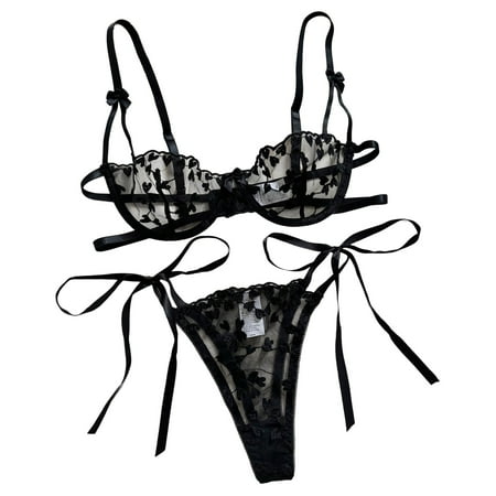 Yuhangmm Heart Embroidery Lingerie Set Mesh Unlined Bra & Strappy Thong Women s Sexy Lingerie & Underwear And Corset Lingerie for Women