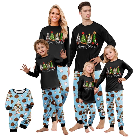 Family Matching Christmas Pajamas Set, Baseball and Christmas Tree Print Long Sleeve Tops with All-Over Print Pants, Holiday Pjs Sleepwear
