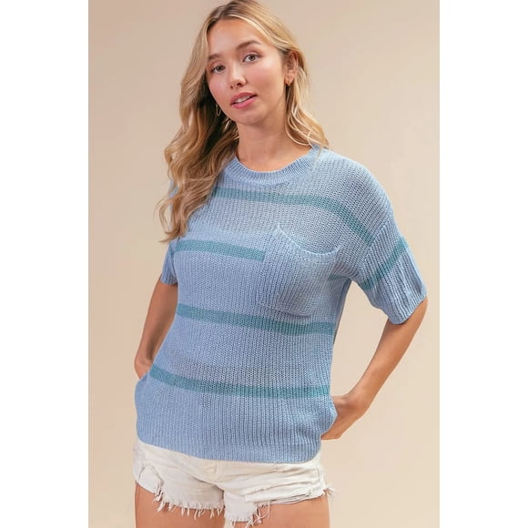 I AM A FASHION JUNKY BiBi Patch Pocket Striped Lightweight Sweater Top (DENIM/NAVY, S)
