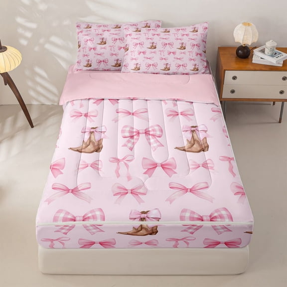 Homewish Cartoon Pink Bow Zipper Twin Comforter Sets with Fitted Sheet and 2 Pillowcases For Bowtie Girl,Bowknot Zipper Bedding Set For Cowgirl,Reversible,4-Piece