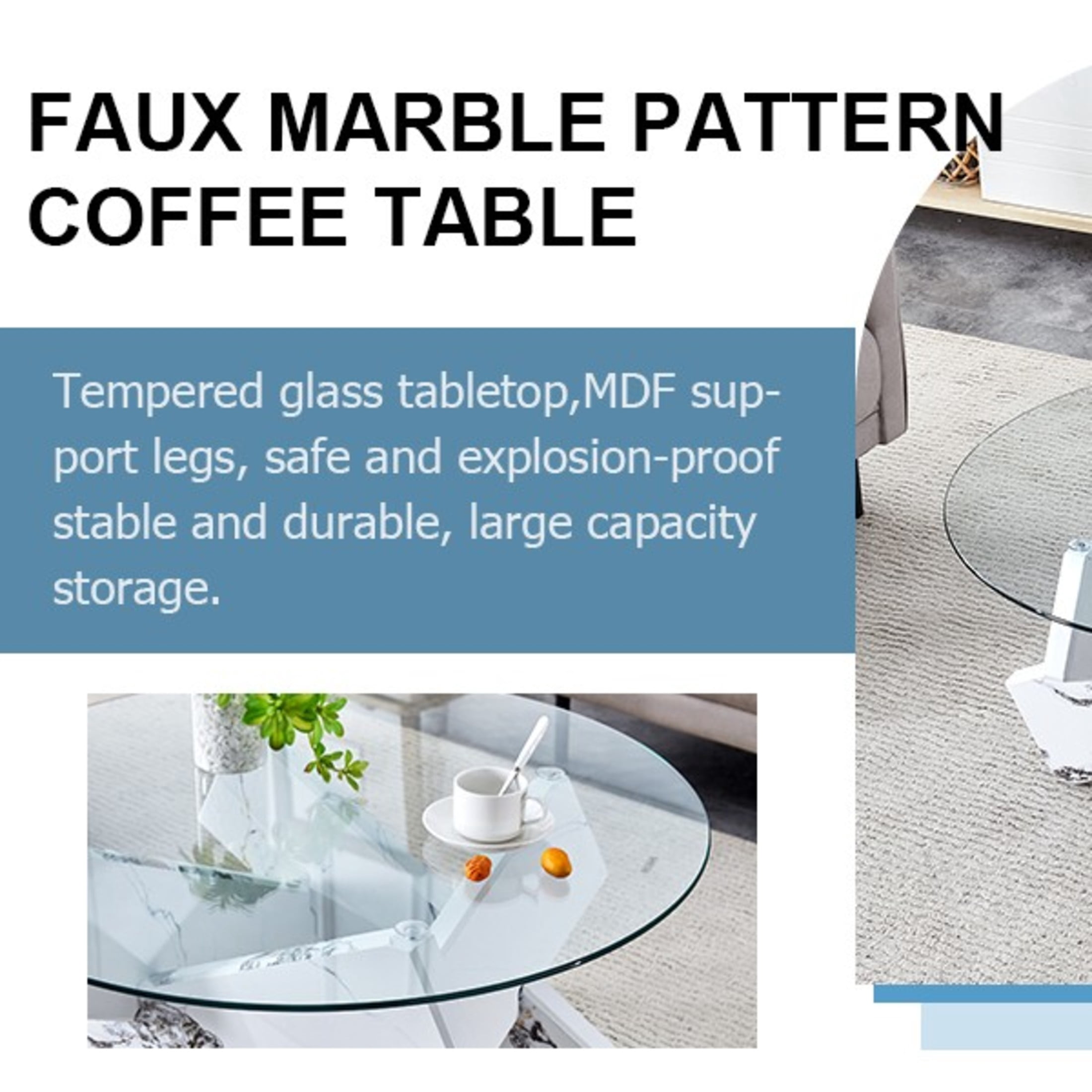 Noble House 33.4" Modern Round Glass Coffee Table, Tempered Top, Marble Patterned MDF Legs, Clear & White