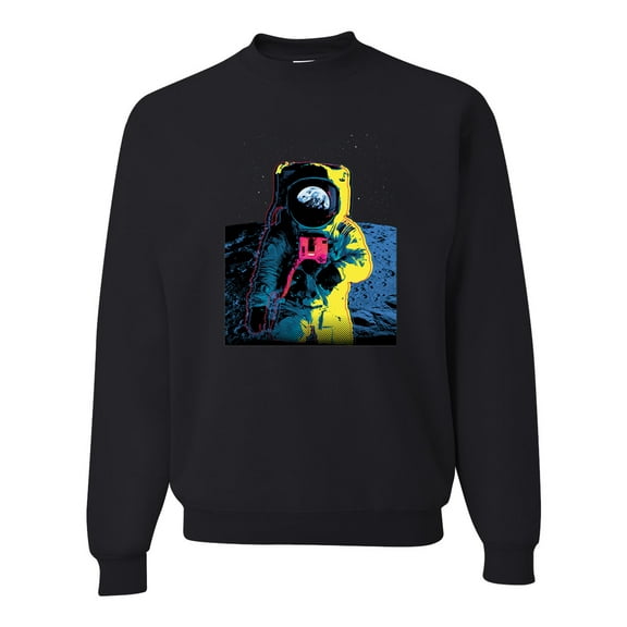 Wild Bobby, Colorful Cosmic Neon Astronaut Lunar Spaceman Moon Galaxy, Fashion, Unisex Crewneck Graphic Sweatshirt, Black, Small
