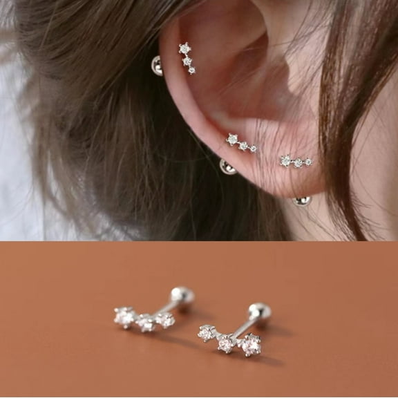 Silver Studded Curved Bar Earrings, Women's Dainty CZ Bar Stud Earrings, Ear Climber, Gift for Her