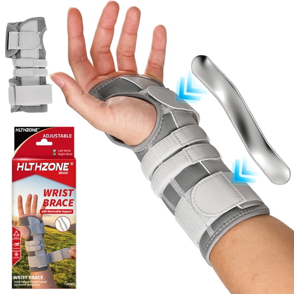 HLTHZONE Carpal Tunnel Wrist Stabilizer, Left Wrist, Adjustable Wrist Brace for Tendonitis & Arthritis, Firm Stability, All Day Wear - Gray
