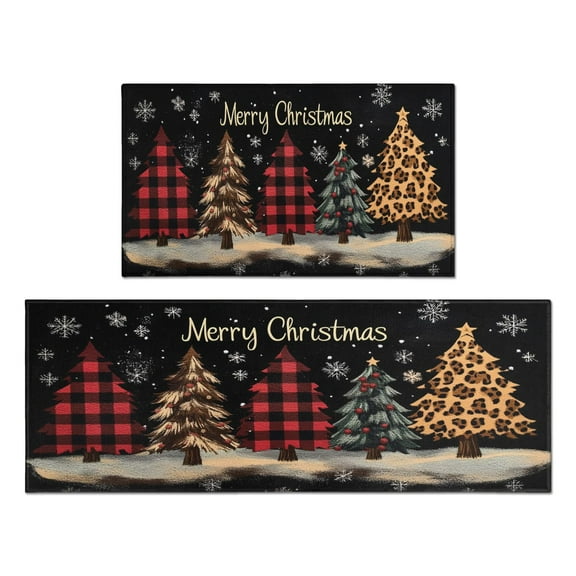 Kitchen Rug Set of 2 Non Skid Kitchen Mats for Floor,Buffalo Plaid Tree Merry Christmas Kitchen Floor Mat for Bathroom,Room Farmhouse (47x17 30x17in)