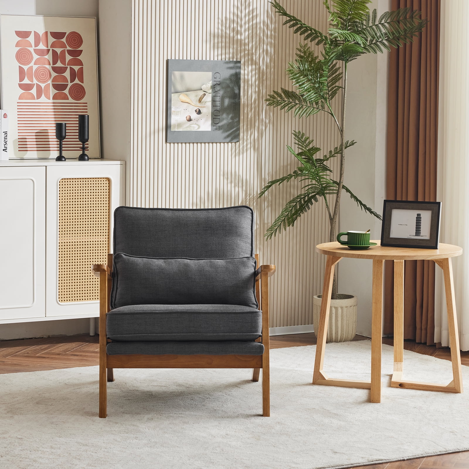 Ktaxon Accent Chair Line Fabric Upholstered Armchair, Reading Club Chair with Pillow for Living Room Bedroom Furniture Gray