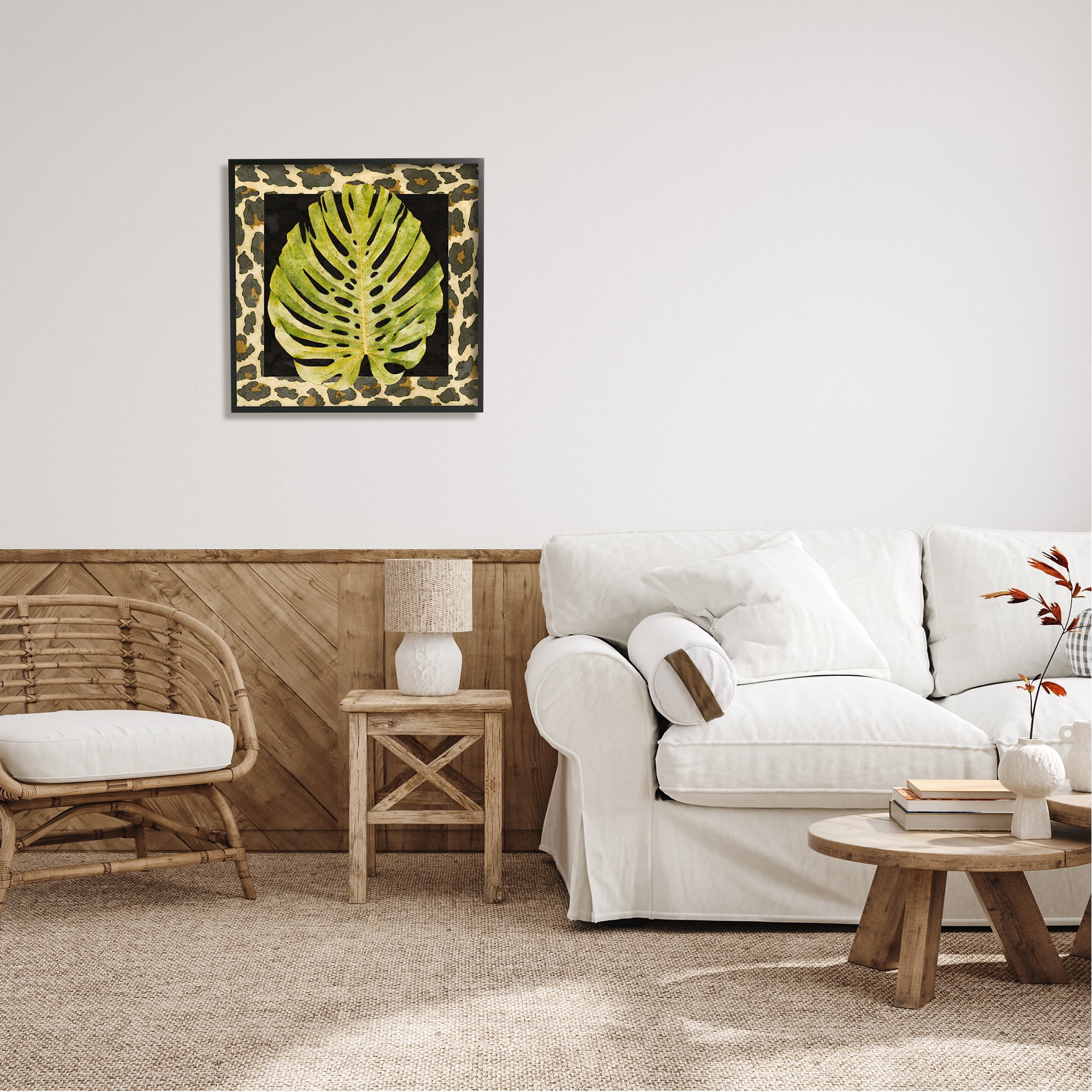Stupell Industries Monstera on Leopard Pattern Botanical & Floral Painting Black Framed Art Print Wall Art, 24 x 24