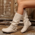 thumbnail image 2 of SAWOBUUN Womens Slouchy Mid Calf Boots Round Toe Flat Side Zipper Double Buckle Faux Suede Comfortable Fashion Casual Fall Boots, 2 of 8
