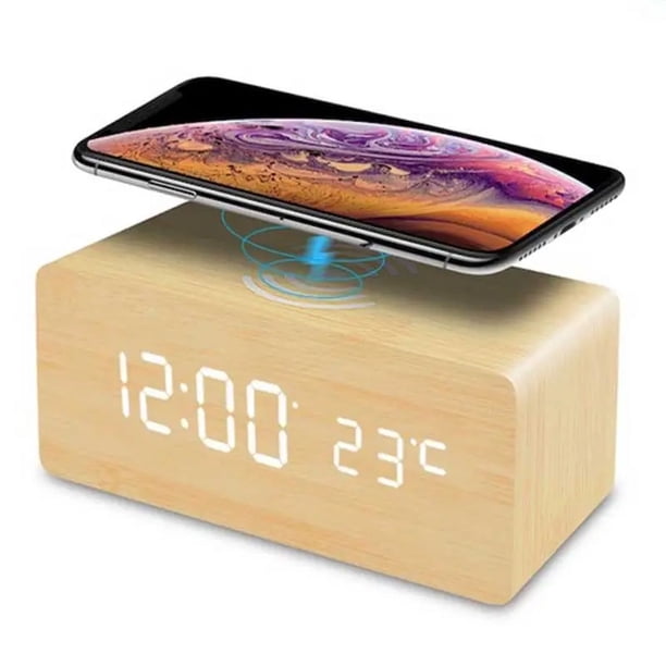 Reloj despertador digital de madera con carga inalámbrica, atenuador, alarma dual, modo día laborable/fin de semana, relojes LED de madera para dormitorio, mesita de noche, escritorio, niños