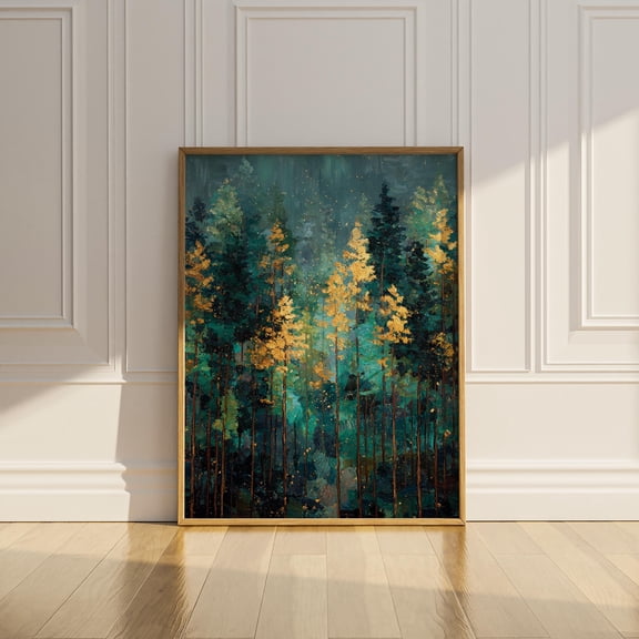 Abstract Pine Tree Forest Wall Art Nature Lover Wall Decor Dark Sage Green Gold Modern Home Decor UNFRAMED Poster, Wall Art for Decor, Present, 8x12