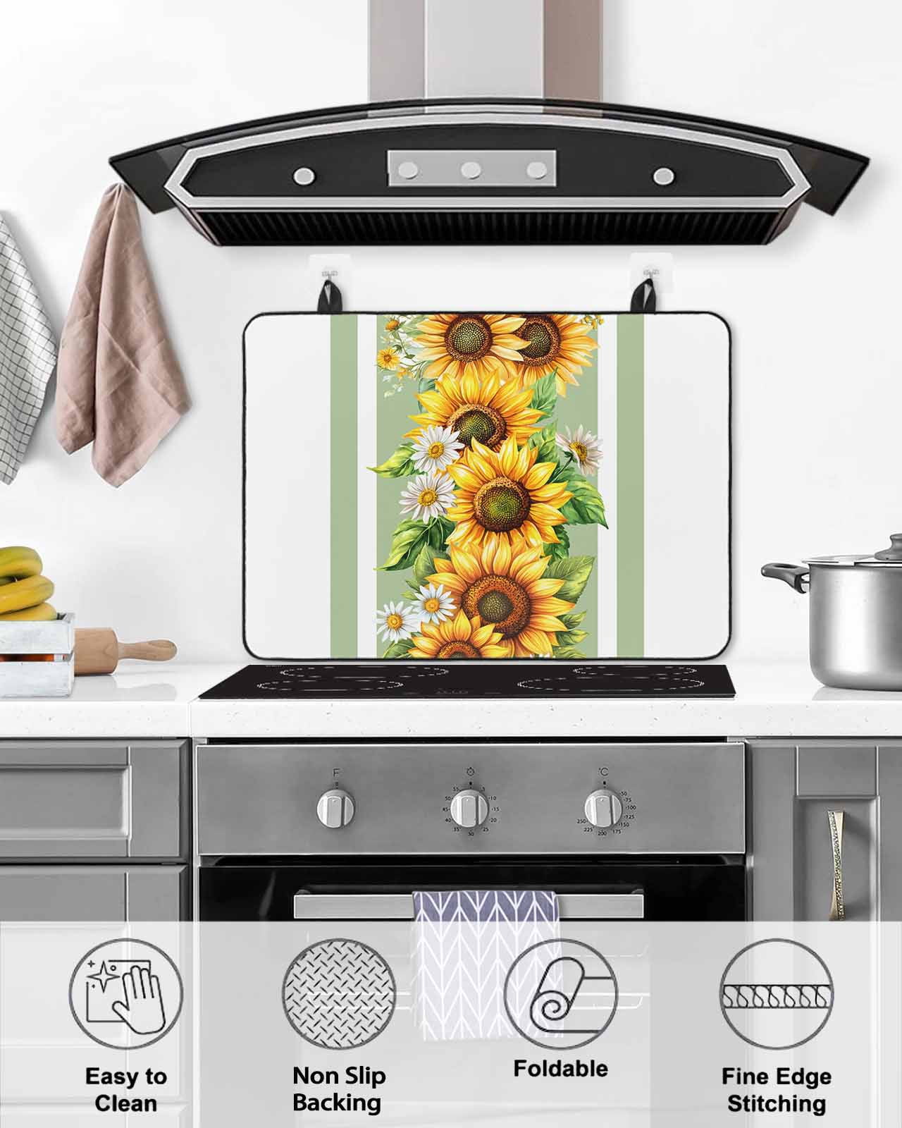 nqOlkjepod Large Induction Cooktop Protector Mat 24"x21", Sunflower Stove Top Covers for Electric Stove, Yellow Summer Flower Sage Green Stripe Stove Burner Cover Mats, Glass Top Stove Cover