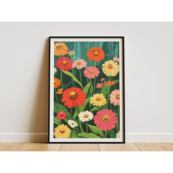 Vibrant Zinnia Garden Botanical Floral Art Print Poster Home Decor Flower Meadow Summer Garden Wall Art - Poster Unframed