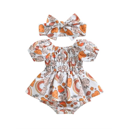 

jaweiwi Infant Baby Toddler Girls Romper Dress 0 3M 6M 9M 12M 18M Heart Rainbow Print Elastic Collar Ruched Short Sleeve Bodysuits Summer Jumpsuits with Headband