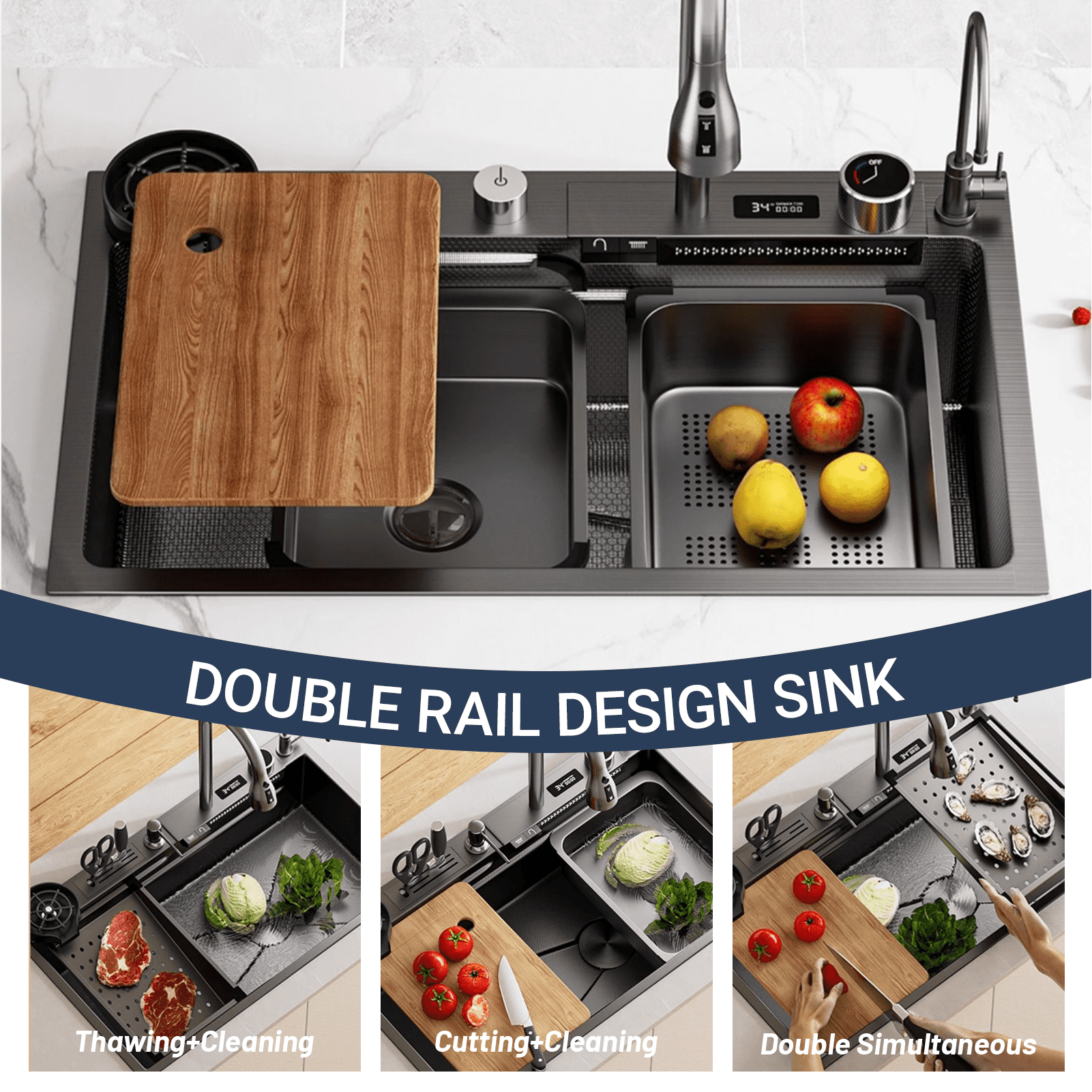 31.5 In Smart Waterfall Kitchen Sink with Temperature Display Faucet,Black Stainless Steel Drop In Single Bowl Sink,Topmount Workstation Bar Sink,with Knife Holder & Accessories