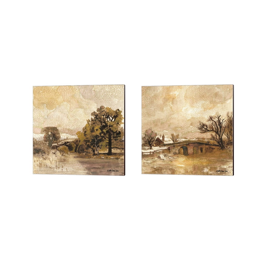 Traditional Brown Landscape Canvas Art Set, 14" x 14"