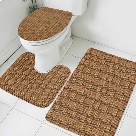 3 Piece Bathroom Rug Set, Brown Rattan Non Slip Bath Mat with Contour Toilet Mat and Lid Cover, Vintage Striped Lines Absorbent Soft Shower Mats for Bathroom