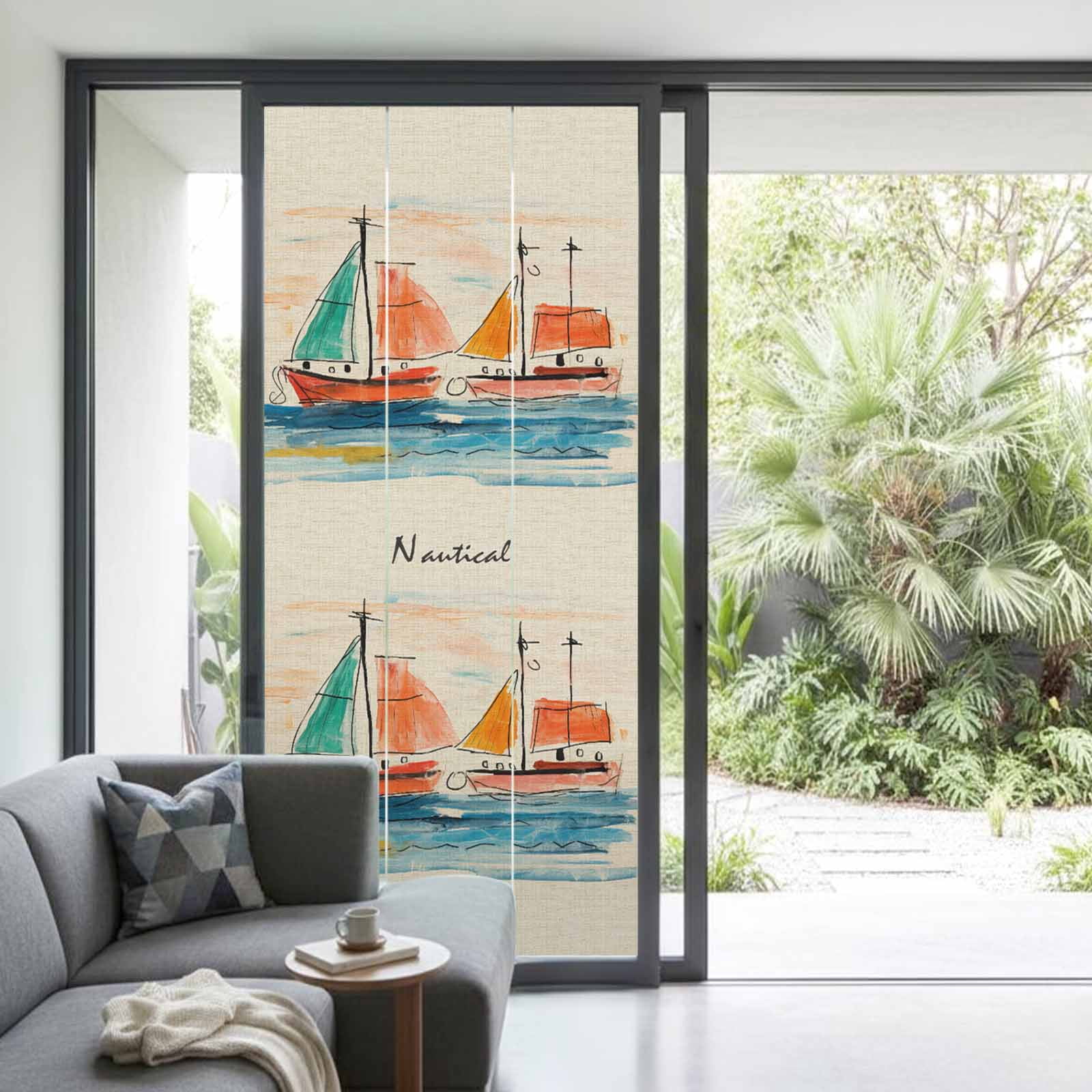 Nautical Boat, Window Privacy Film, Coastal Sailing Ship Ocean Painted Sea Static Cling UV Sun Blocking Heat Control Window Tint, Non-Adhesive One Way Windows Privacy Cover 35.4''x78.7''