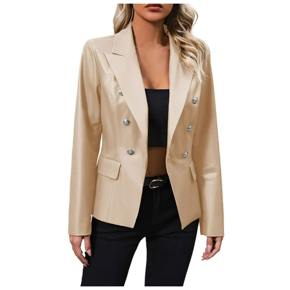 Tiweut Women's Leisure PU Leather Jackets Solid Color Double Breasted Button Suit Loose Fit Coat Regular Blouses Beige,L