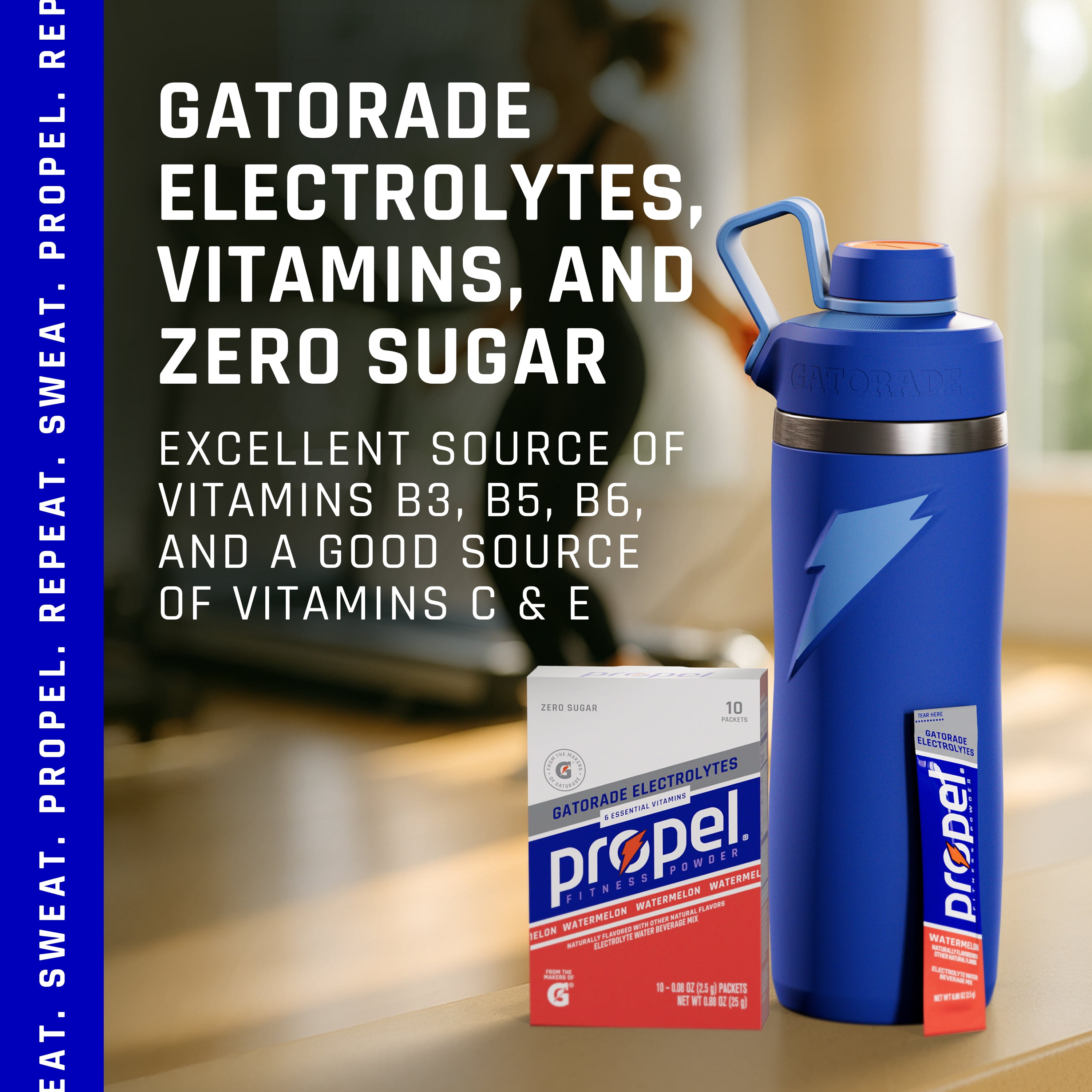 (12 pack) Propel Electrolyte Enhanced Water Drink Mix Powder Packets, Watermelon, Zero Calorie & Zero Sugar Hydration with Electrolytes and Vitamins C & E, (10 Packets)