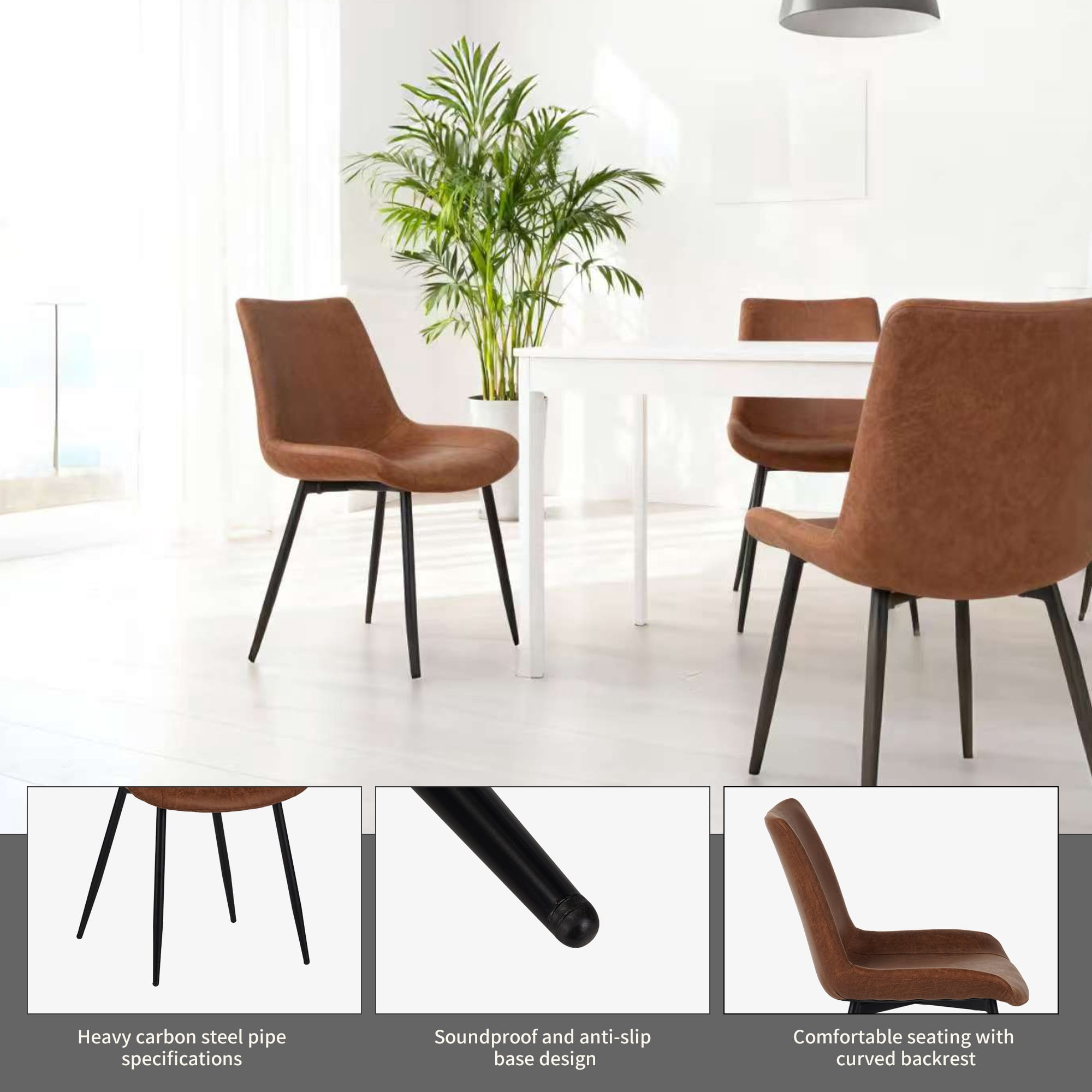 Dining Chairs Set of 4, Upholstered Faux Leather Cushion Seat and Sturdy Metal Legs, Modern Kitchen Dining Room Office Guest Chairs, Easy Assembly Water-Resistant, Brown