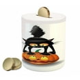 thumbnail image 1 of Halloween Piggy Bank, Black Cat on Pumpkin Drawing Spooky Cartoon Characters Halloween Humor Art, Ceramic Coin Bank Money Box for Cash Saving, 3.6" X 3.2", Orange Black, by Ambesonne, 1 of 4