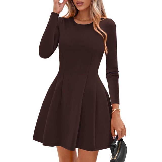 Vestido Mini PRETTYGARDEN de Punto Marrón Manga Larga Corte A XXL