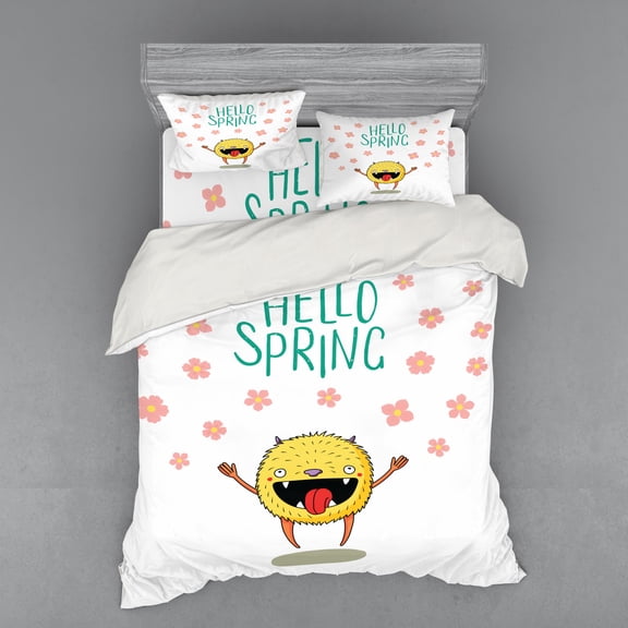 Saying Duvet Cover Set, Hello Spring Little Funny Monster Jumping Happily Among the Falling Cherry Blossoms, Bedding Set with Shams and Fitted Sheet, 3 Sizes, by Ambesonne
