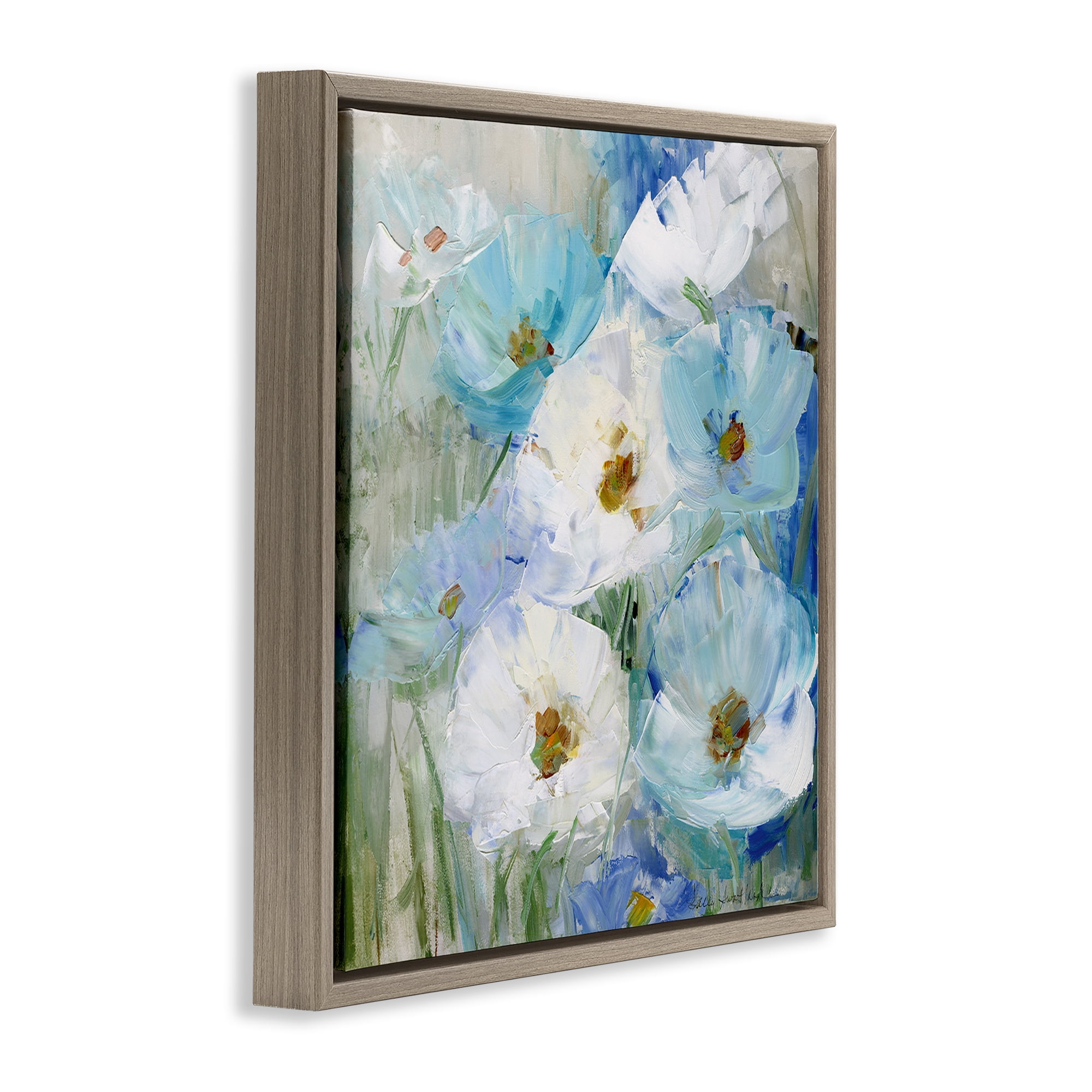 Stupell Industries Blue Spring Poppies Plants & Flowers Painting Brown Floater Framed Canvas Art Print Wall Art, 18 x 18